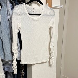 Women’s White Long-Sleeve Crewneck Top with Ruched Tie Sleeves